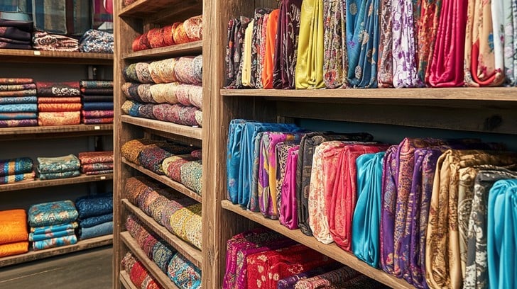 Полки с рулонами тканей в магазине Линда